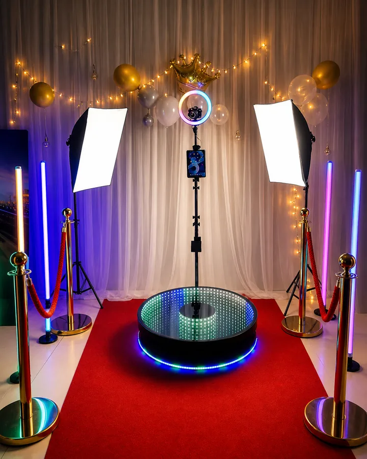 360 Booth MySelfieBooth sur tapis rouge, visuel IA fidèle créé à partir d'une installation réelle