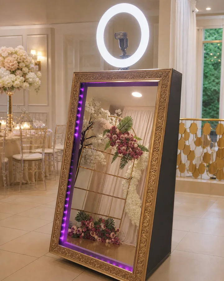 Miroirbooth MySelfieBooth dans un décor de mariage, visuel IA fidèle créé à partir d'une installation réelle