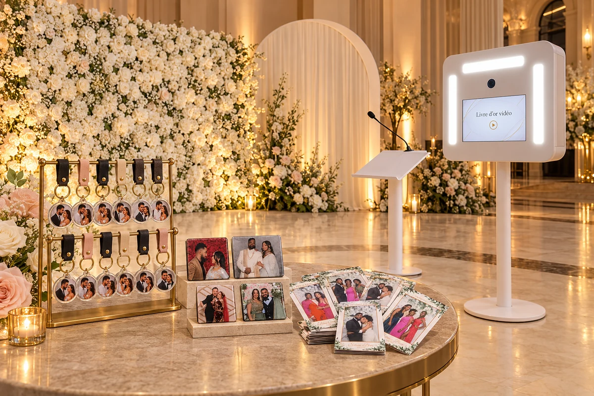 Projection de nos options : mur de fleurs, backdrop, livre d’or vidéo blanc avec micro, magnets et porte-clés photo