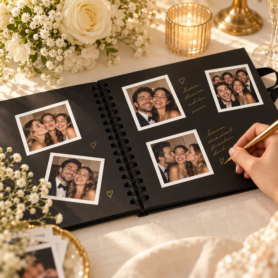 Album de mariage ouvert avec tirages photo et messages manuscrits dorés