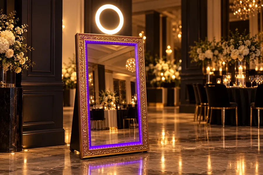 Miroirbooth doré dans un décor de réception, mise en scène IA