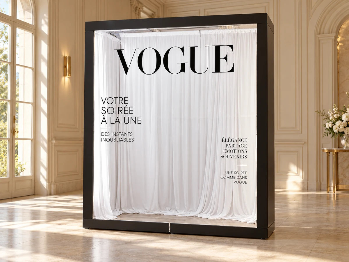 Façade de Vogue Booth lumineux inspirée d’une couverture de magazine