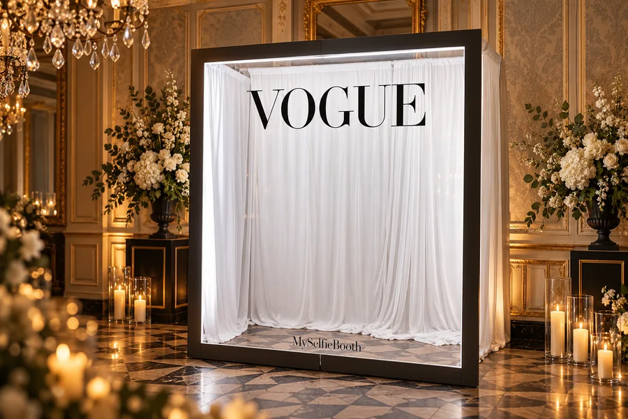 Vogue Booth noir à rideaux blancs dans une réception, mise en scène IA