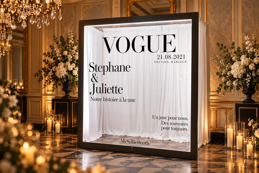 Vogue Booth lumineux personnalisé Stephane & Juliette, 21.08.2021, dans un décor de réception doré
