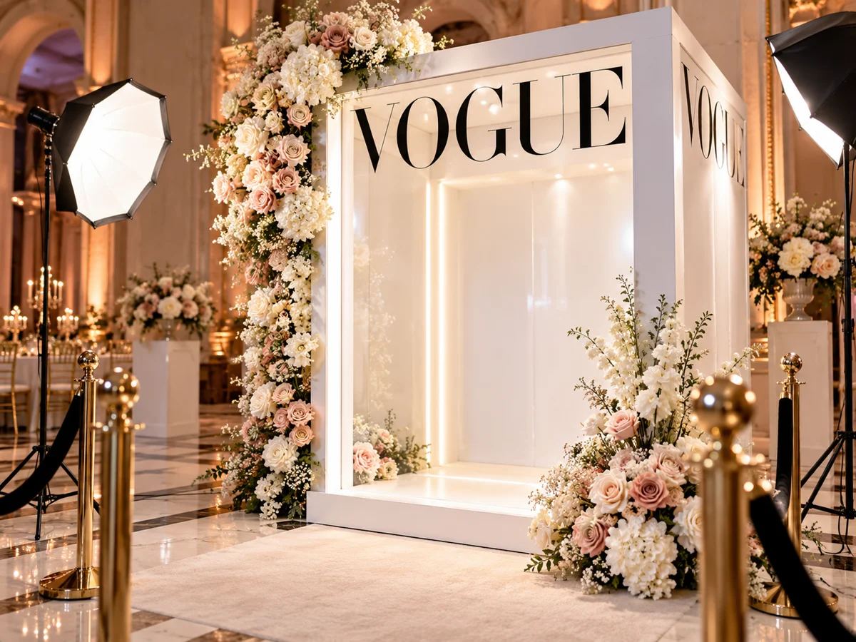 Vogue Booth lumineux avec composition florale dans un décor de réception