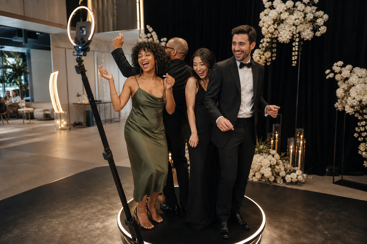 Invités sur une plateforme 360, création IA fidèle à une prestation réelle MySelfieBooth