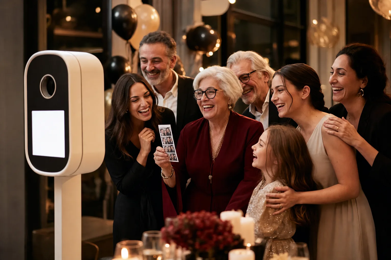 Famille réunie autour d'un photobooth pendant un anniversaire