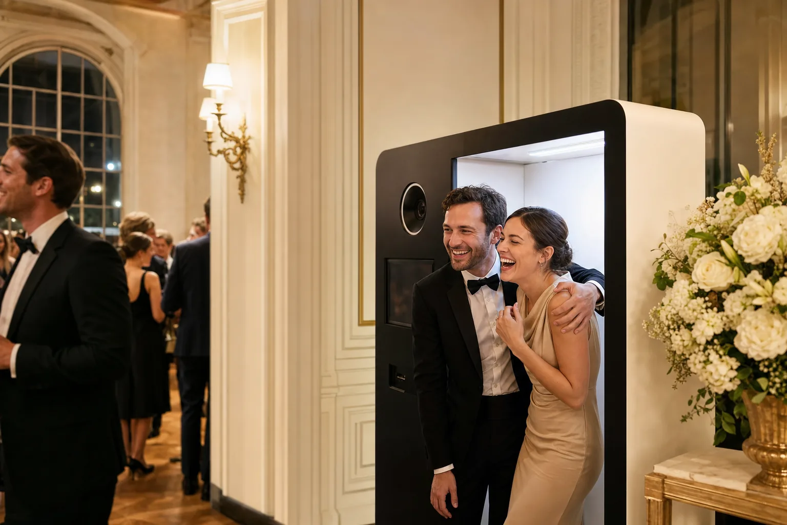 Invités réunis autour d'un photobooth pendant un mariage élégant