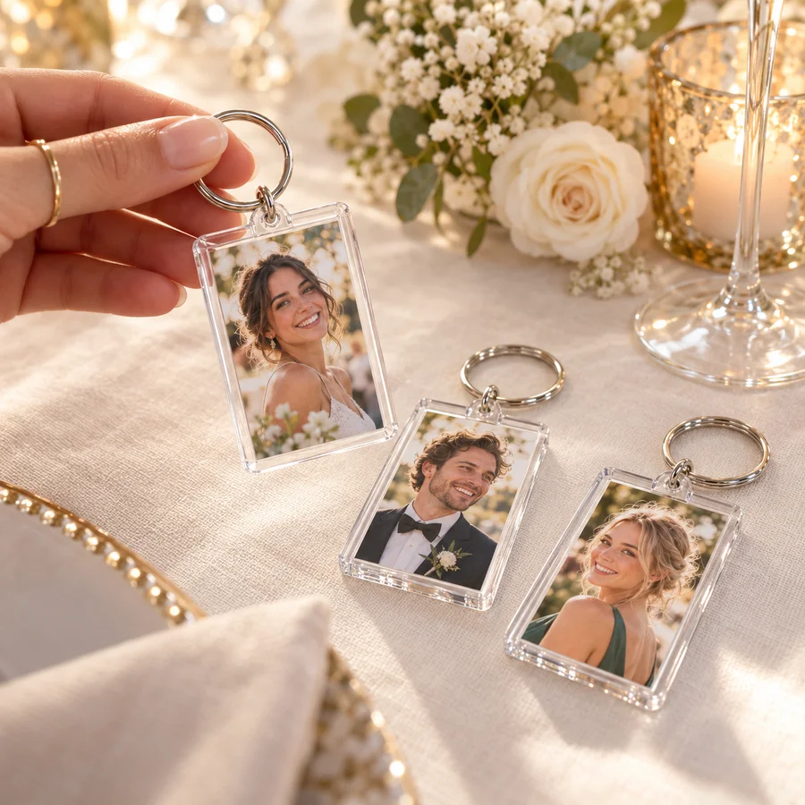 Porte-clés photo transparents avec des portraits de mariage