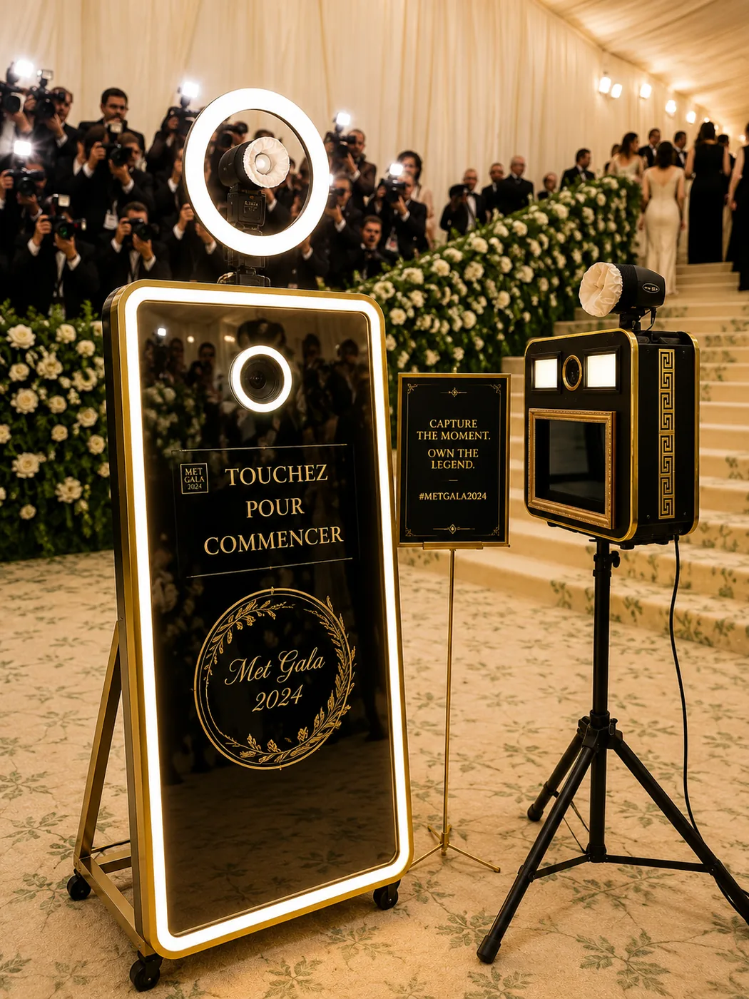 Goldbooth et miroir pour un gala, réalisation réelle MySelfieBooth issue d'un reportage unique