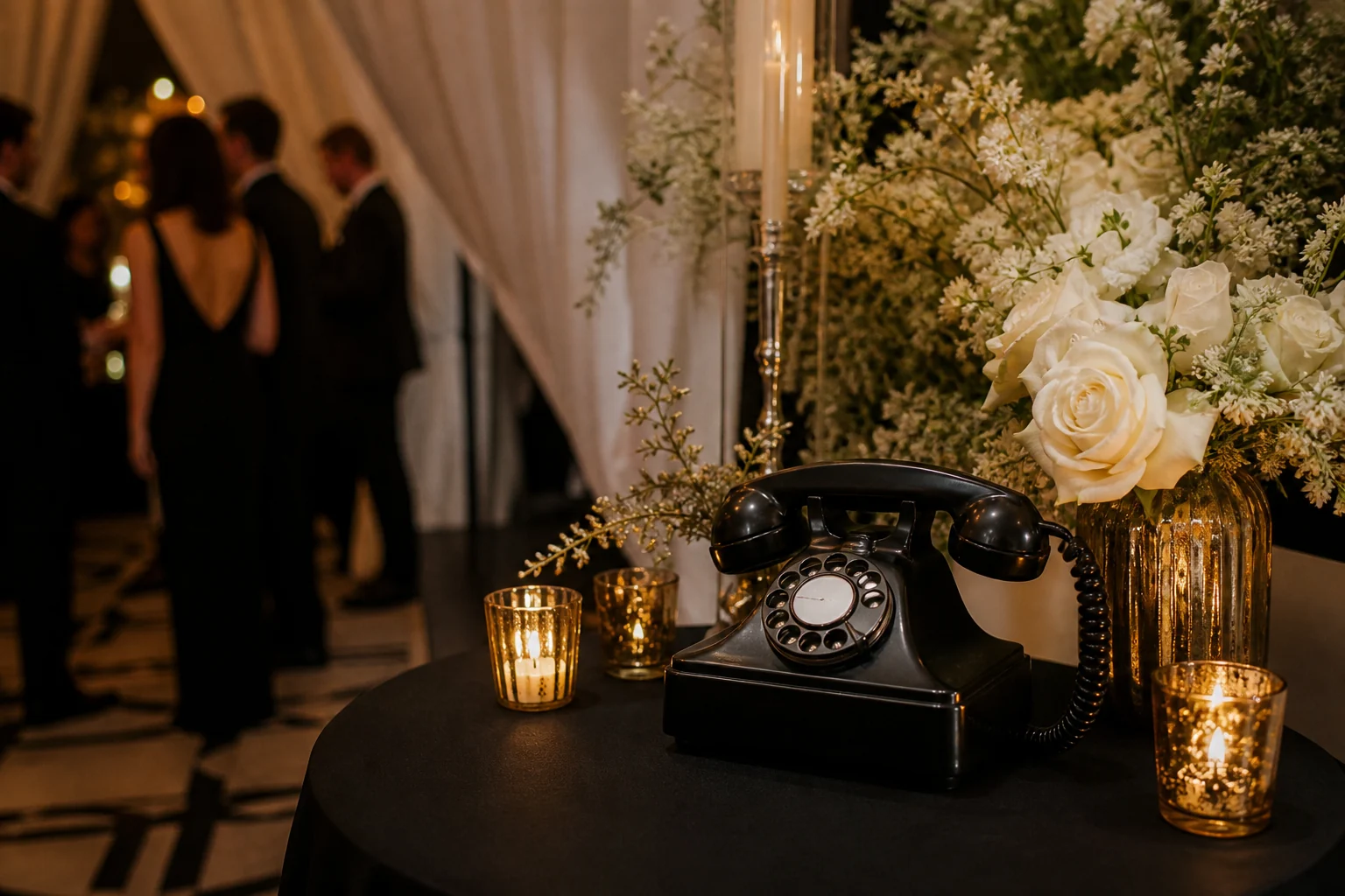 Téléphone vintage et décor floral, création IA fidèle à une prestation réelle MySelfieBooth