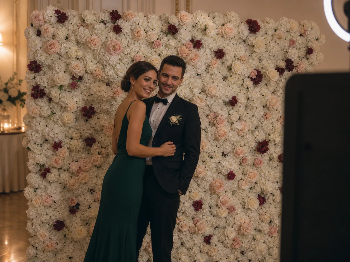 Mur floral MySelfieBooth mis en scène dans une réception
